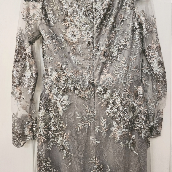 MAC DUGGAL PLATNIMUM EMBELLISHED V NECK ILLUSION LONG SLEEVE GOWN 8 NWOT - Picture 6 of 11